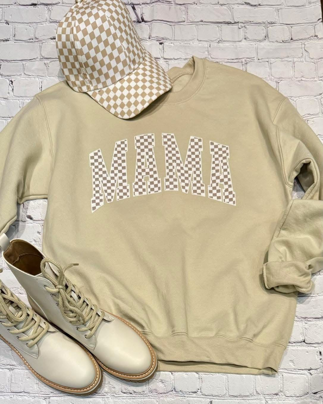 Neutral Checked Mama Crewneck