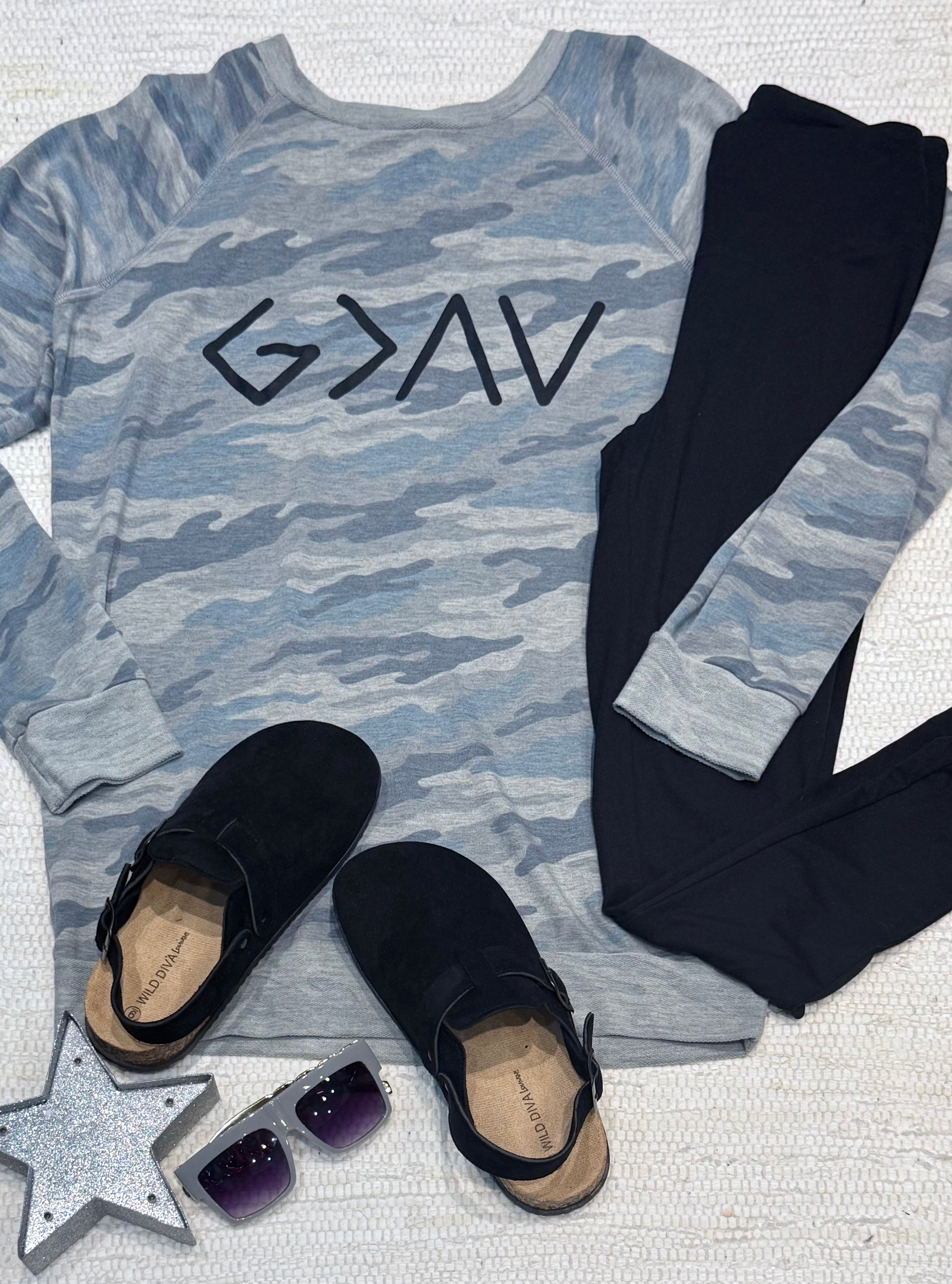 Blue Camo God is + Sweatshirt