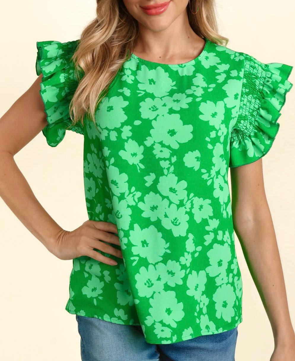 Green Floral Frilled Sleeve Top