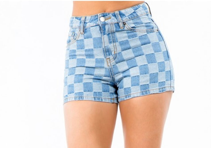 Checkered Denim Shorts