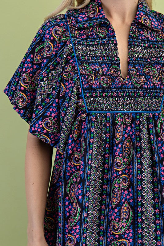 Navy & Neon Mixed Print Dress