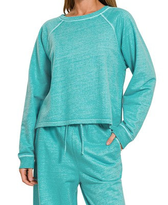 Turquoise Washed French Terry Crop Set