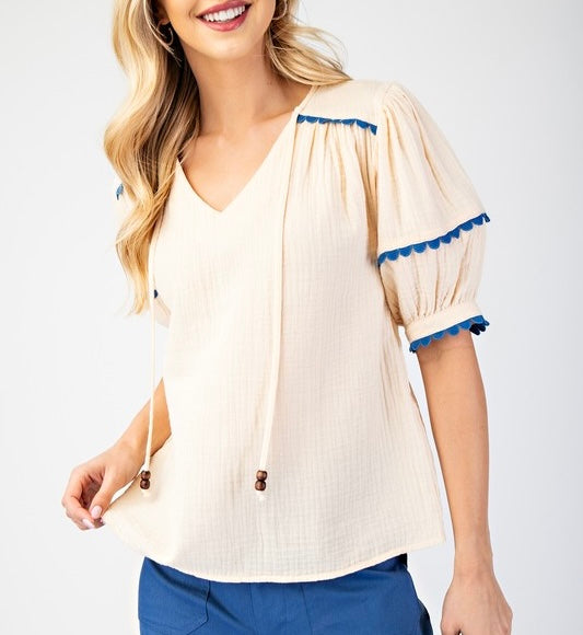 Cream & Blue Puff Sleeve Top