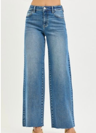 Risen Raw Hem Wide Leg Jeans