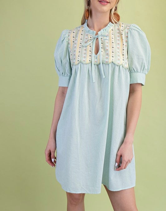 Blue Striped Floral Yoke Dress