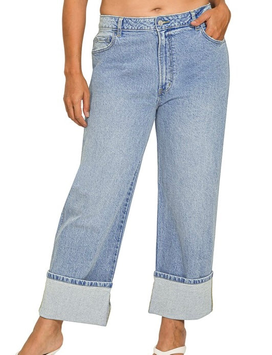 Zenana Plus Cuffed Wide Leg Jeans
