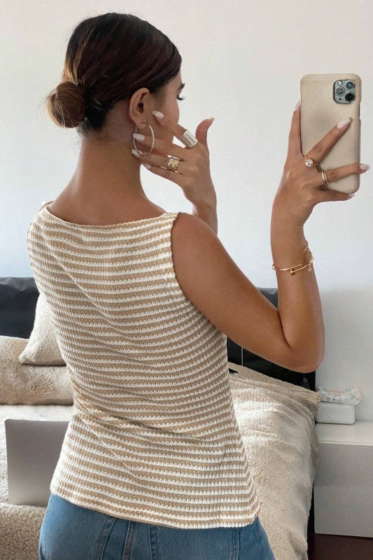 Apricot Striped Button Down Tank