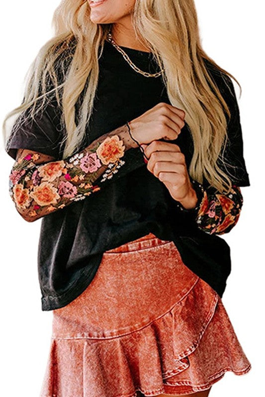 Black Tee w/ Floral Mesh Sleeves