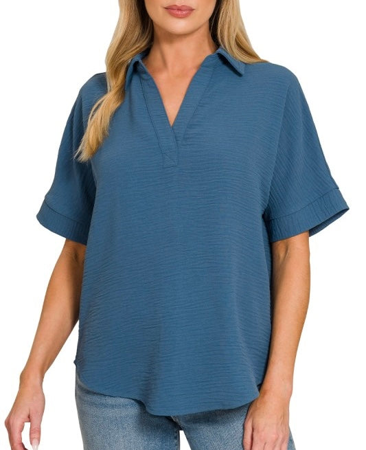 Dusty Blue Collared V-Neck Blouse
