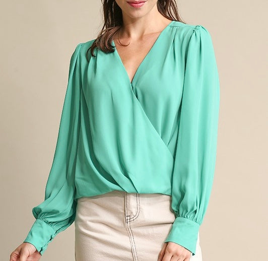 Seafoam Drape Front Blouse