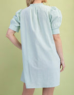 Blue Striped Floral Yoke Dress