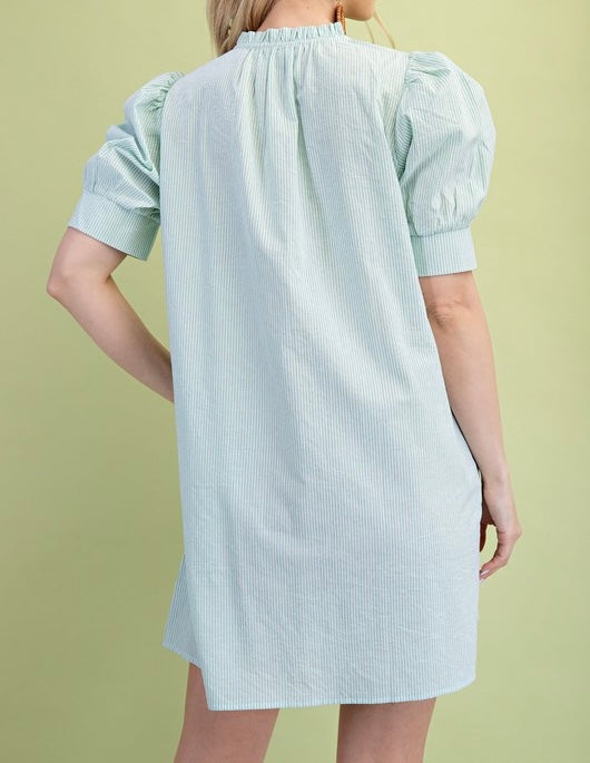 Blue Striped Floral Yoke Dress