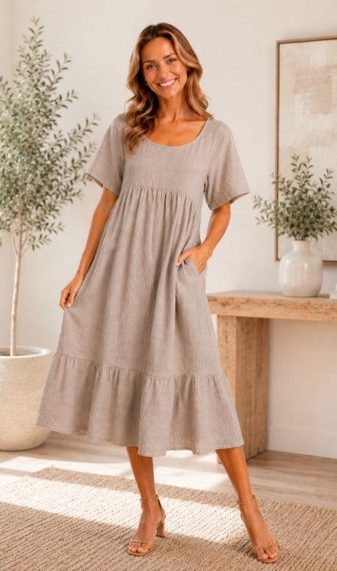 Beige Gauze Midi Dress
