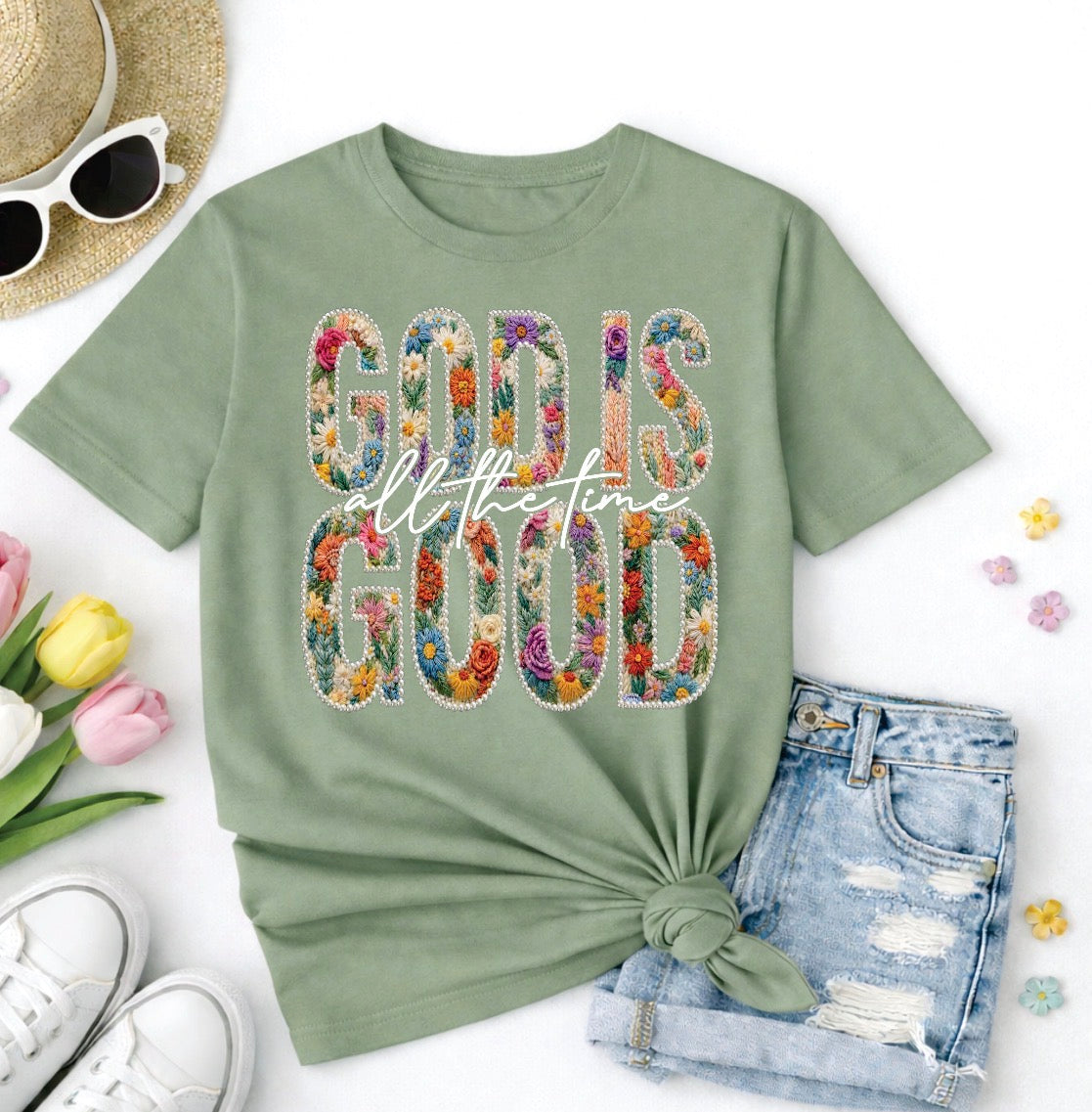Sage God Is Good Floral Tee