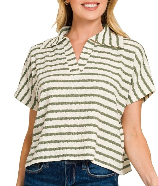 Olive Striped Split Neck Crop Top