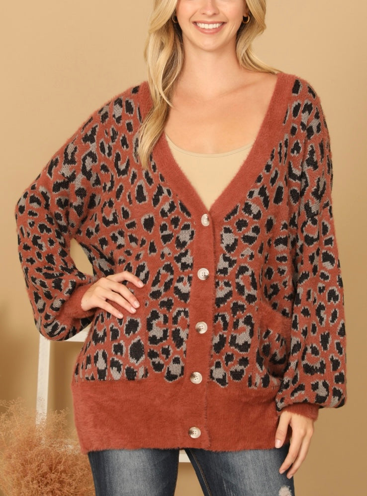 Rust Leopard Button Cardi