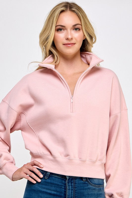 Pink Mock Crop Quarter Zip Top