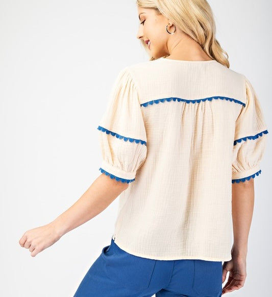 Cream & Blue Puff Sleeve Top