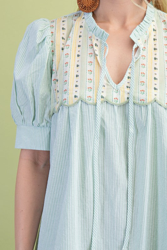 Blue Striped Floral Yoke Dress