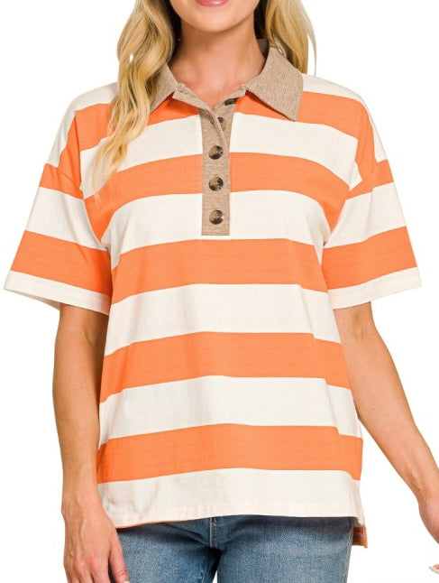 Orange Striped Polo Top