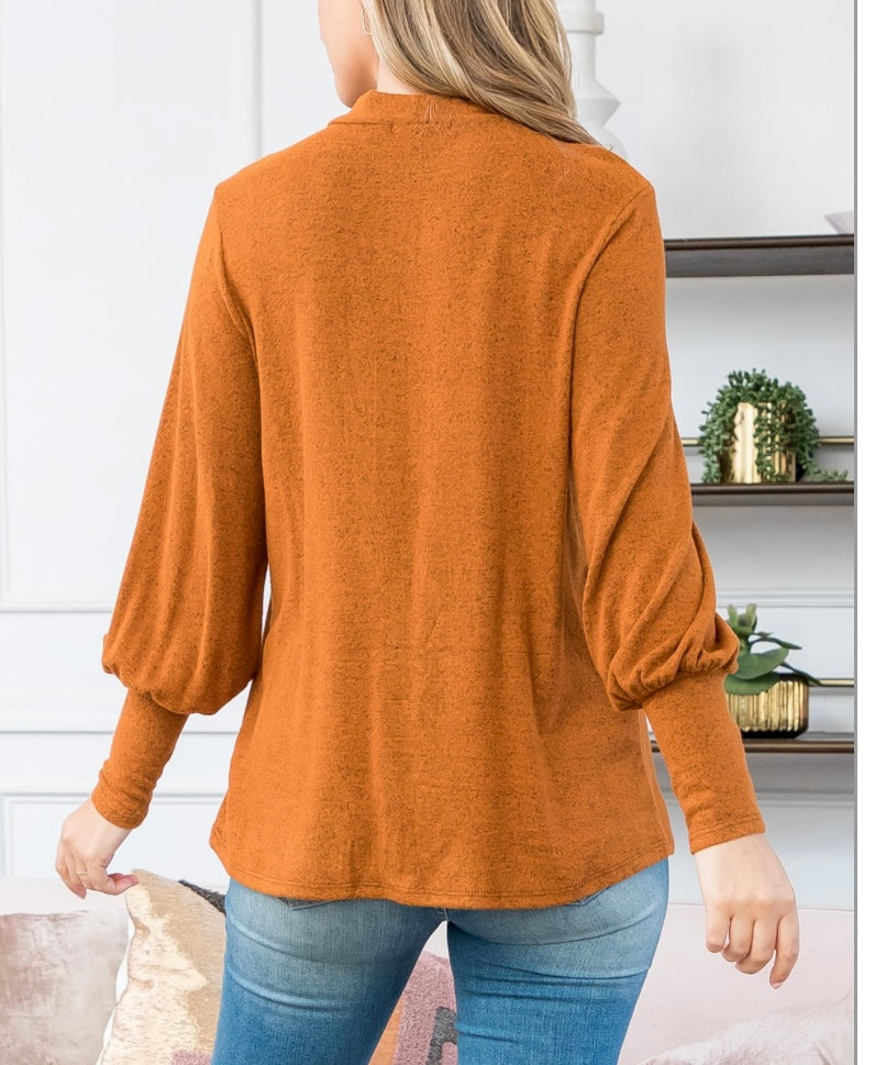 Rust Puff Sleeve Mock Neck Top