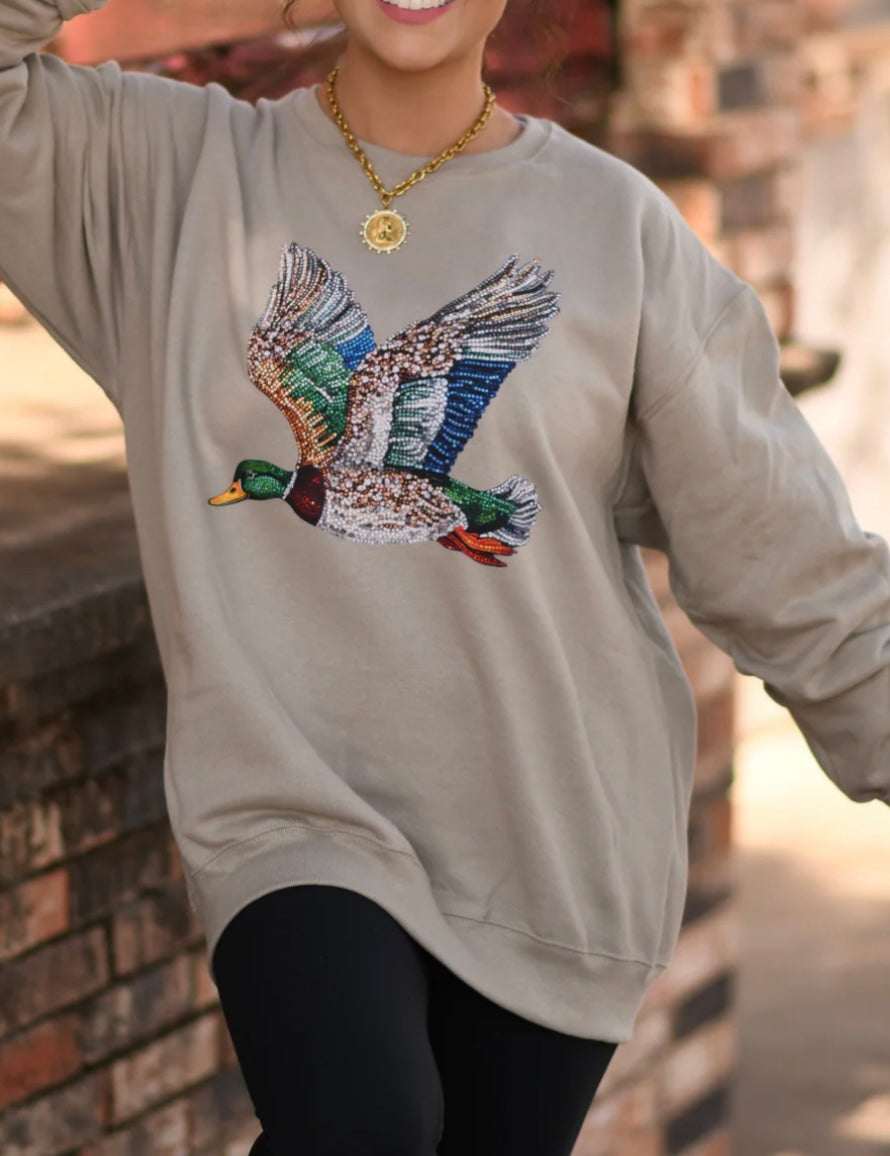 Khaki Faux Rhinestone Duck Sweatshirt