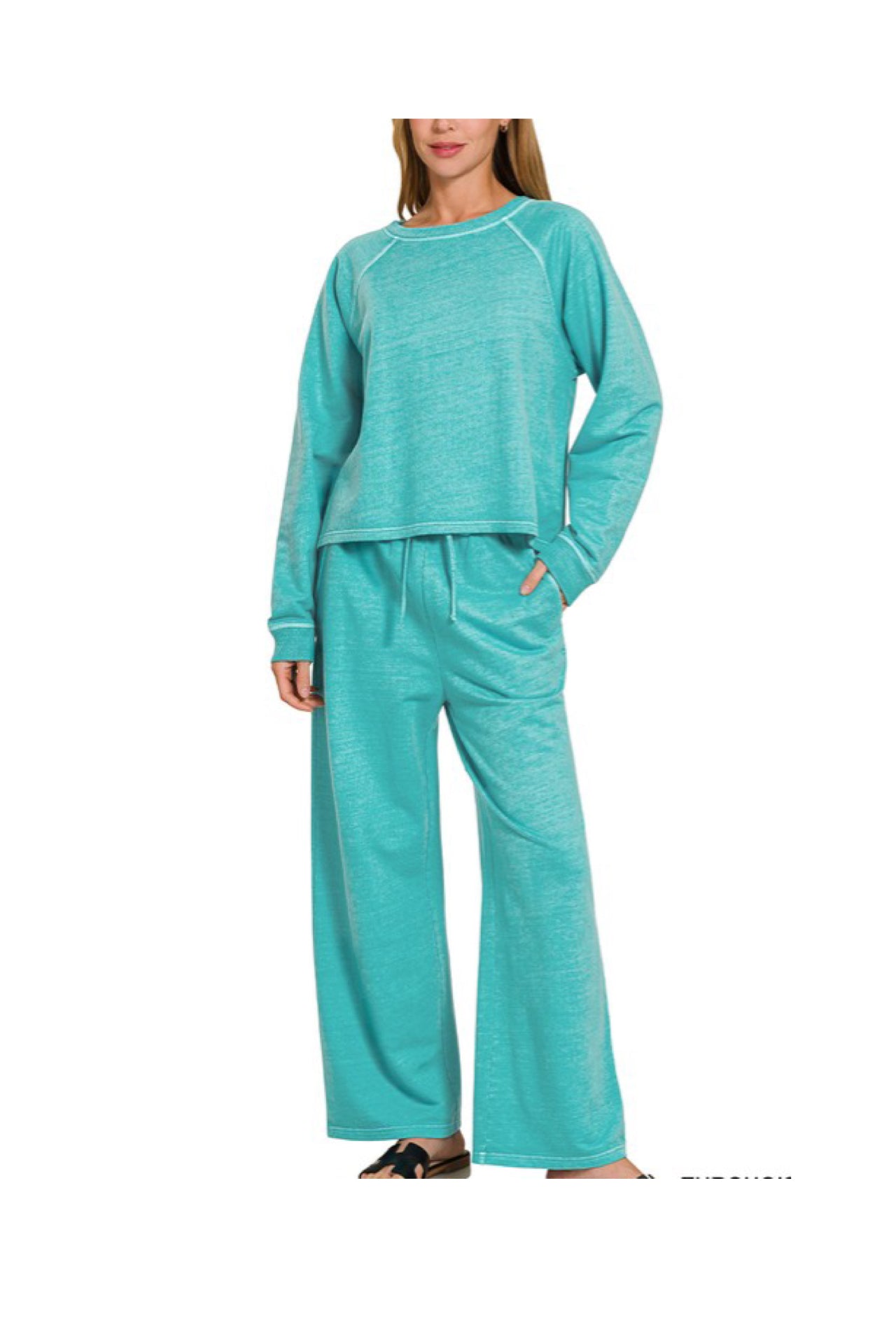 Turquoise Washed French Terry Crop Set