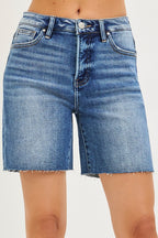 Risen Mid Length Raw Hem Shorts