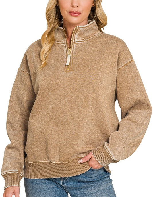 Acid Wash Mock Neck Half Zip