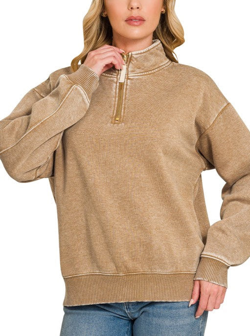 Acid Wash Mock Neck Half Zip